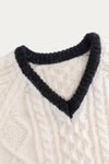 Ophelia Cozy White Cable Knit Sweater with Black V-Neck Trim - Perfect for Winter